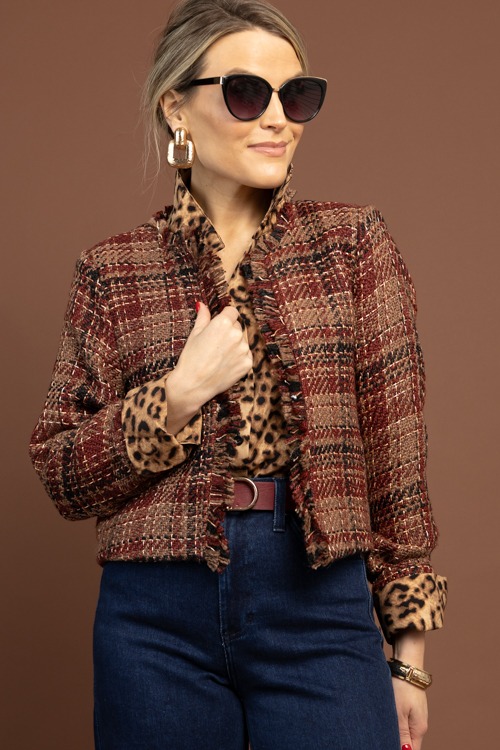 Tweed Open Front Jacket, Wine