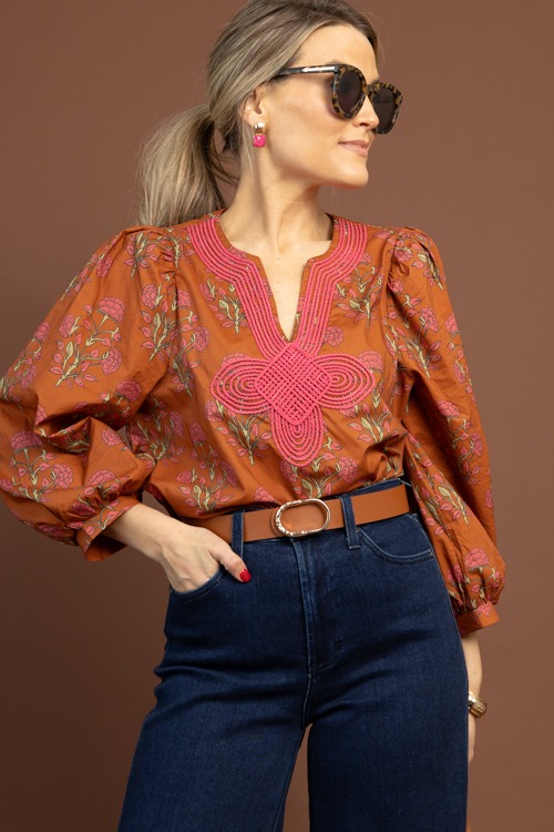 Floral Trim Detail Top, Brown