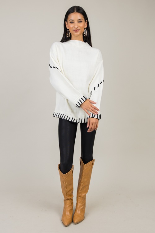 Contrast Stitch Sweater, Ivory/Black