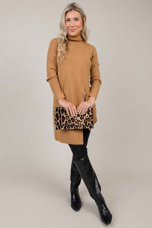 Asymmetric Hem Slit Sweater, Camel