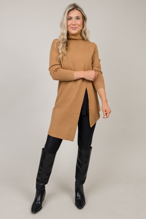 Asymmetric Hem Slit Sweater, Camel - 1107-136.jpg