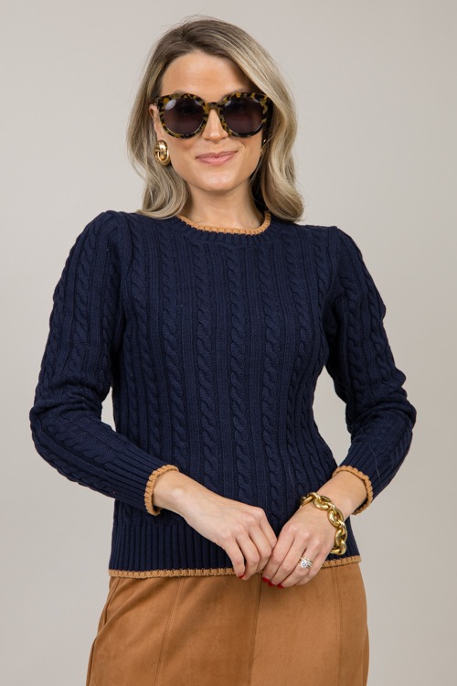 Contrast Cable Sweater, Navy/Brown