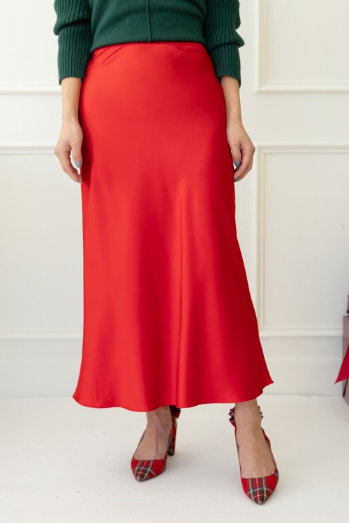Satin Midi Skirt, Red