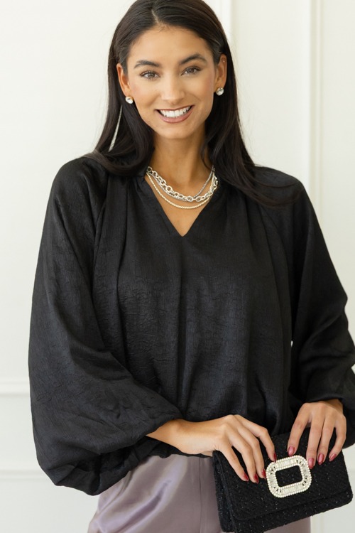 Textured Satin Bubble Top, Black