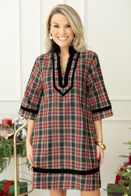 Velvet Trim Tartan Dress, Black - 1107-2h.jpg