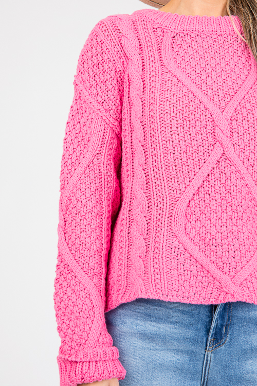 Cable Crew Neck Sweater, Pink