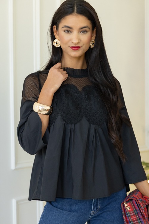 Lace Mesh Panel Top, Black
