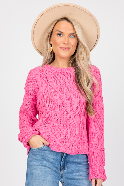 Cable Crew Neck Sweater, Pink