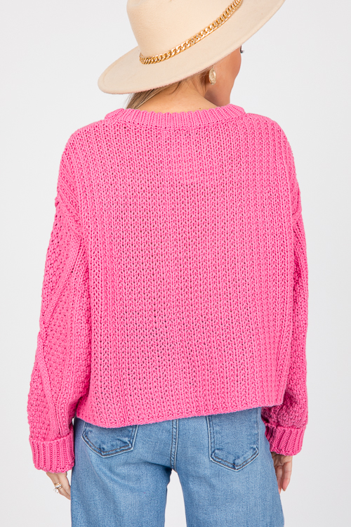 Cable Crew Neck Sweater, Pink