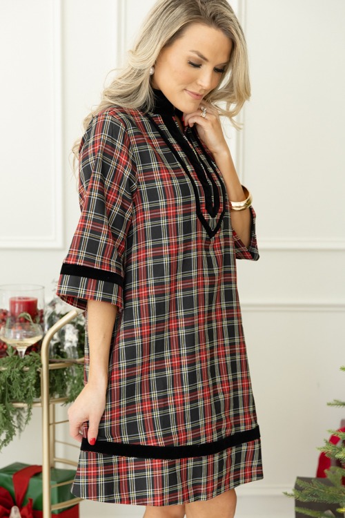 Velvet Trim Tartan Dress, Black - 1107-7.jpg