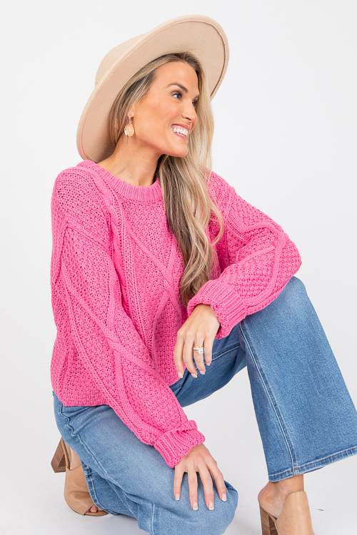 Cable Crew Neck Sweater, Pink