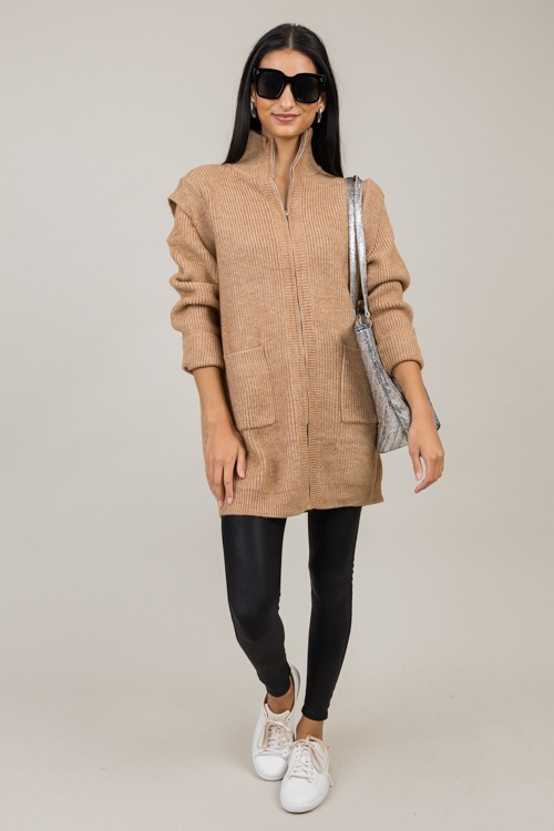 Zip Up Long Sweater Jacket, Mocha