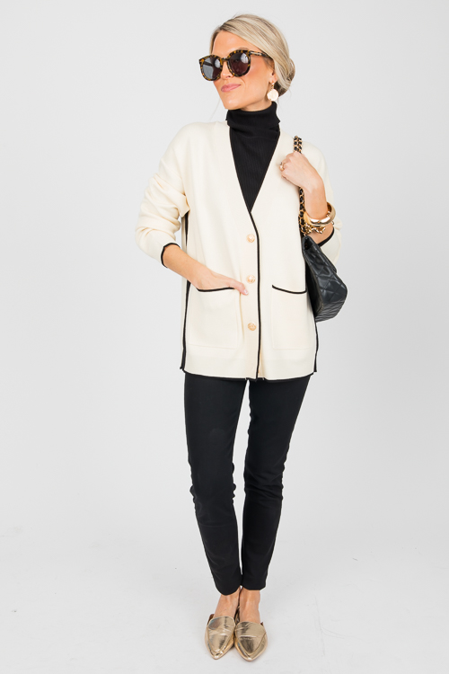 Trim Contrast Button Sweater, Ivory