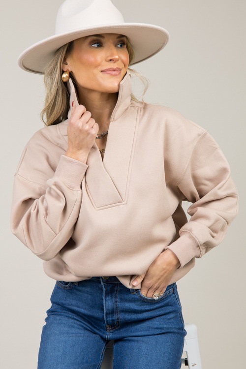 Fleece Lined Collar Pullover, Taupe