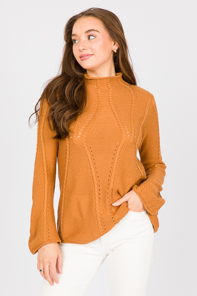 Cable Texture Mock Sweater, Tan