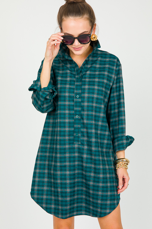 Plaid Shirt Dress, Teal