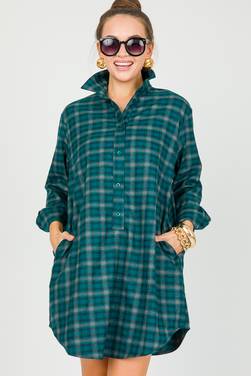 Plaid Shirt Dress, Teal