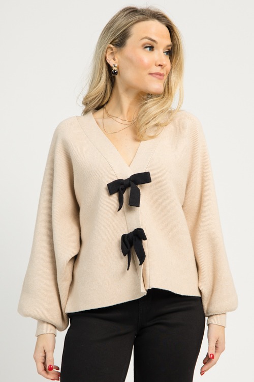 V-neck Bow Sweater, Taupe
