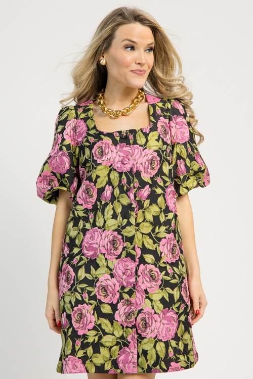 Floral Jacquard Button Dress, Black