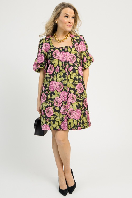 Floral Jacquard Button Dress, Black - 1110-13.jpg