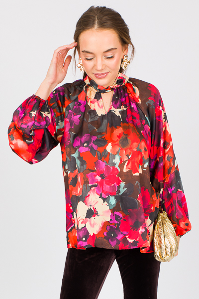 Twist Neck Floral Blouse, Red Multi