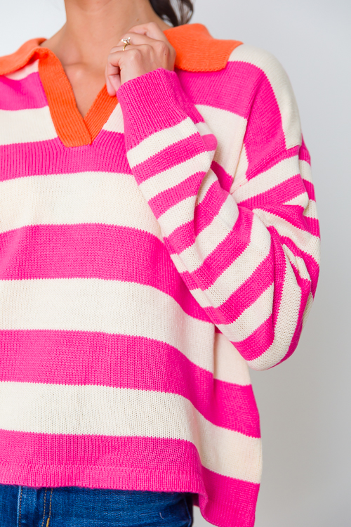 Stripe Contrast Sweater, Natural/Hot Pink