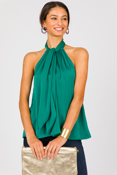 Satin Bow Halter Top, Green