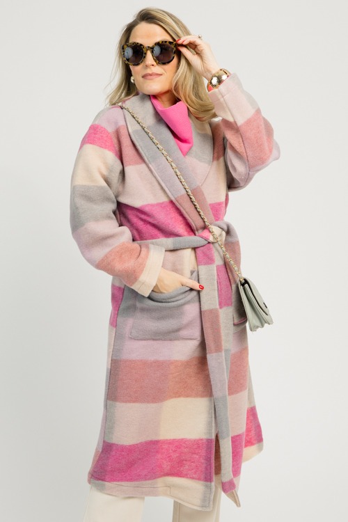 Multi Check Belted Coat, Hot Pink