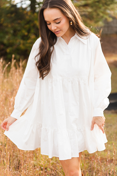 Poplin Tiered Shirt Dress, White