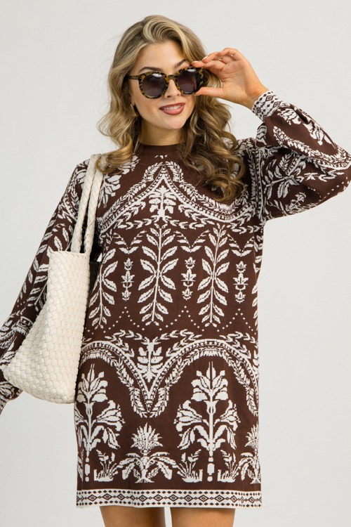 Printed Sweater Dress, Brown - 1112-111.jpg