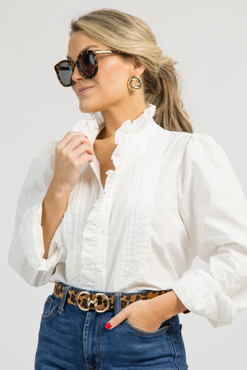 Pleated Ruffle Button Top, White