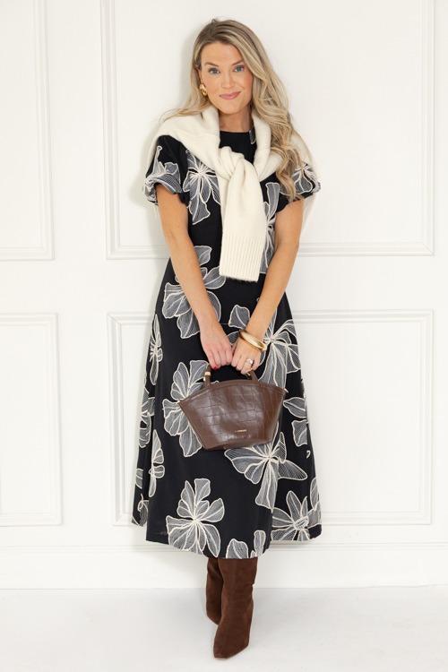 Embroidered Flowers Midi, Black