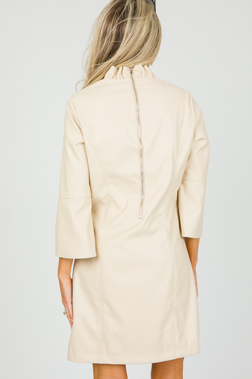 Bell Sleeve Leather Dress, Cream