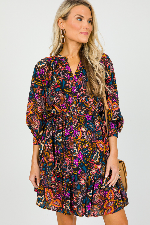 Button Up Belted Dress, Multi - New Arrivals - The Blue Door Boutique