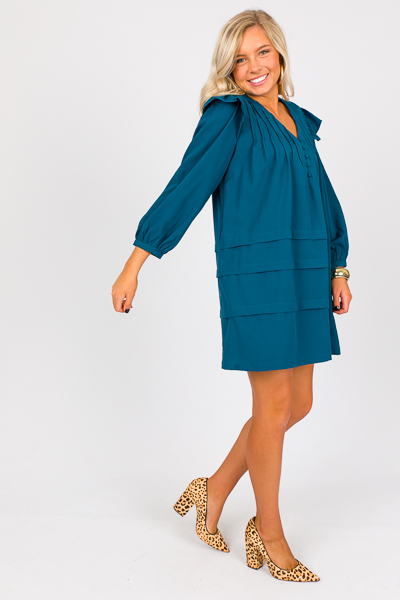 Pintuck Ruffle Dress, Teal