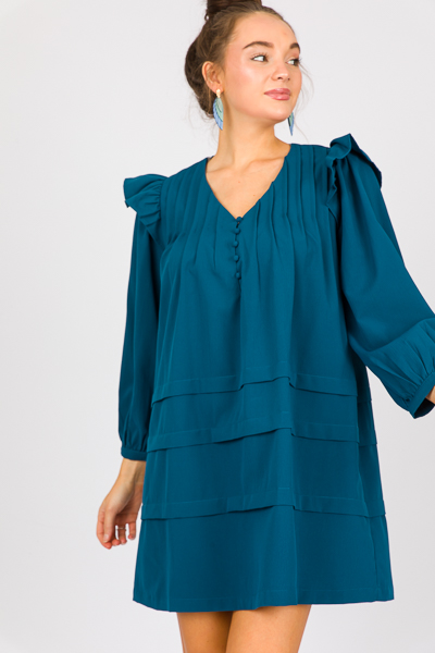 Pintuck Ruffle Dress, Teal