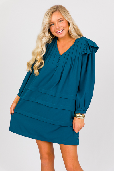 Pintuck Ruffle Dress, Teal