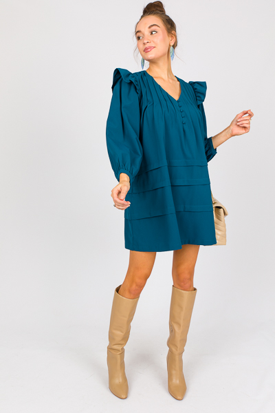 Pintuck Ruffle Dress, Teal