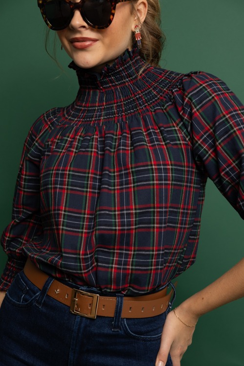 Jace Plaid Smock Top, Navy - 1114-432h.jpg