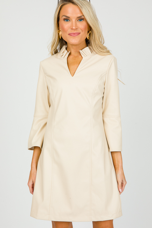 Bell Sleeve Leather Dress, Cream