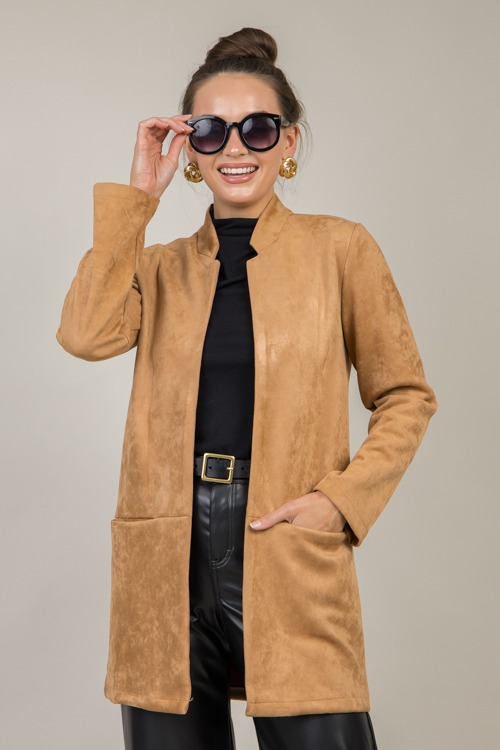 Suede Stretch Long Jacket, Camel