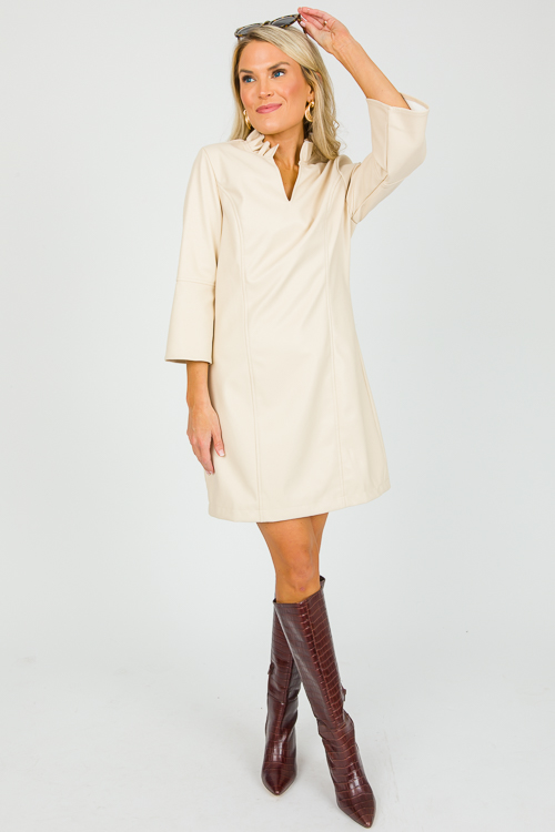 Bell Sleeve Leather Dress, Cream