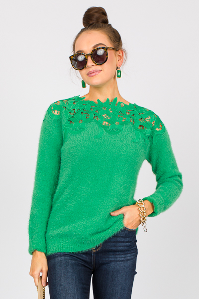 Lace Neck Sweater, Green