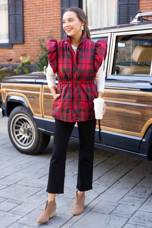 Plaid Ruffle Puffer Vest, Red