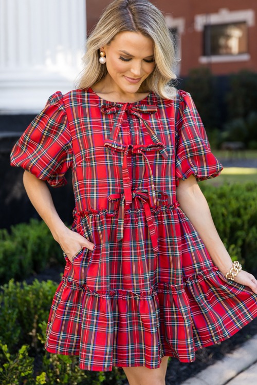 Triple Bow Tartan Dress, Red