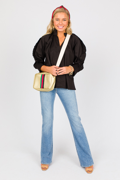Poplin Ruffle Sleeve Top, Black