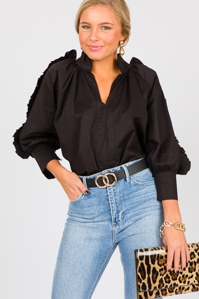 Poplin Ruffle Sleeve Top, Black