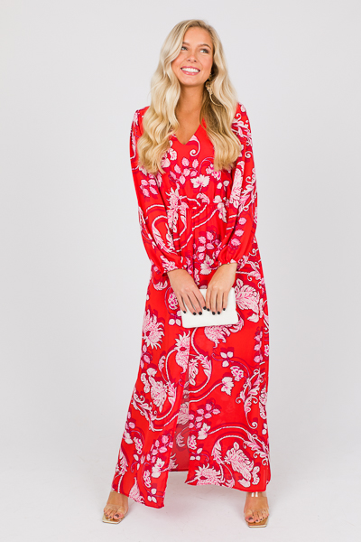 Front Slit Floral Maxi, Red