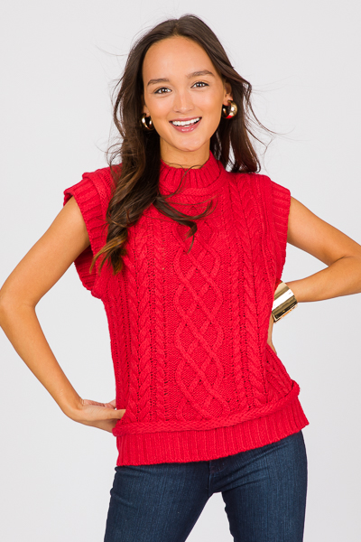 Short Sleeve Cable Sweater, Red