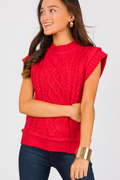 Short Sleeve Cable Sweater, Red